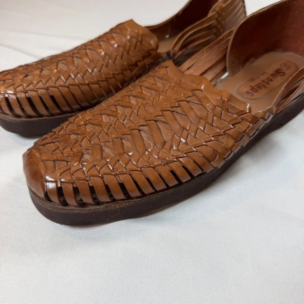 Sunsteps Brown Leather Huarache Sandals Hand Woven Slip On Flats Mens 12